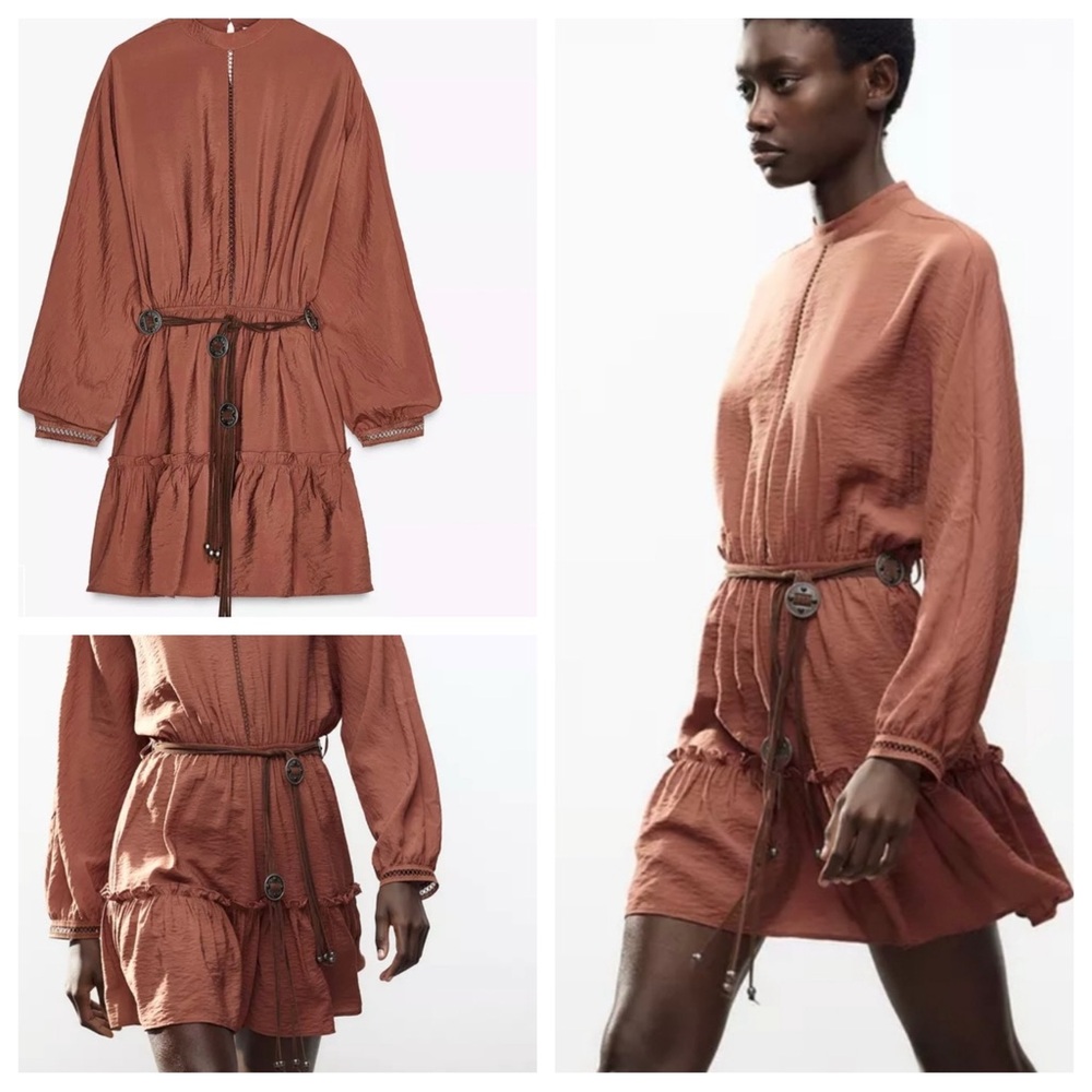 Zara  Brown Long Sleeves Mini Belted Dress